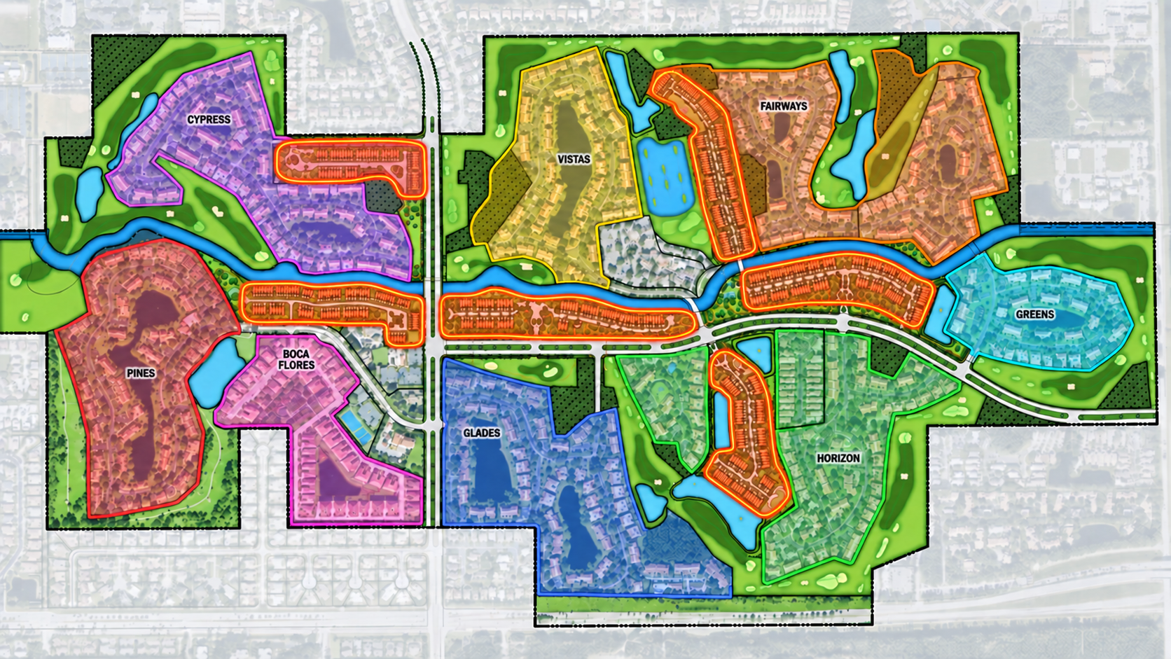 Boca Lago map showing the eight subdivisions and six proposed Lennar development areas