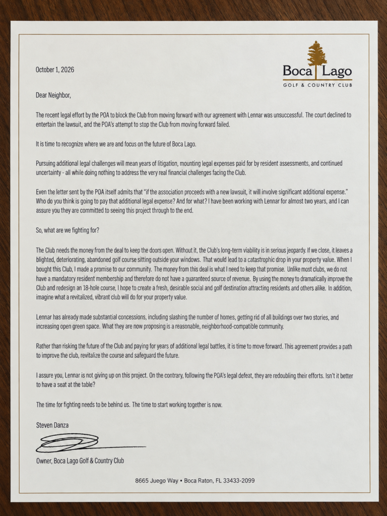 Boca Lago Update: Club Owner Urges Residents to Move Forward With Lennar Plan