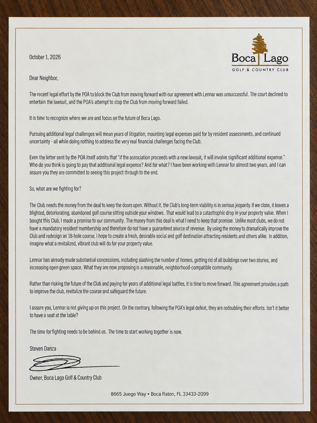 October 1, 2026 Boca Lago Golf and Country Club community letter signed by Steven Danza